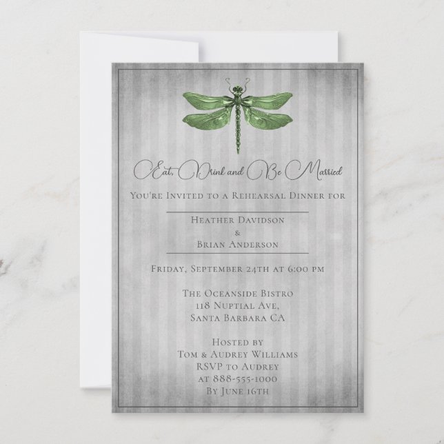 Green Jeweled Dragonfly Rehearsal Dinner Invitation (Front)