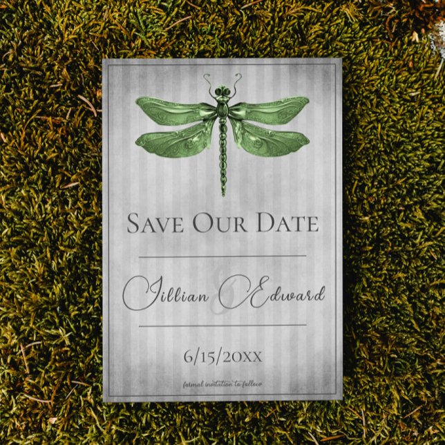 Green Jeweled Dragonfly Save the Date Announcement (Green Jeweled Dragonfly Save the Date Wedding Announcement)