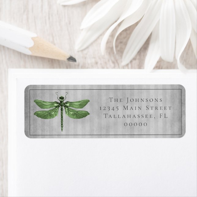 Green Jeweled Dragonfly Wedding Label (Insitu)