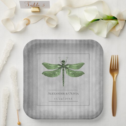 Green Jeweled Dragonfly Wedding Paper Plates