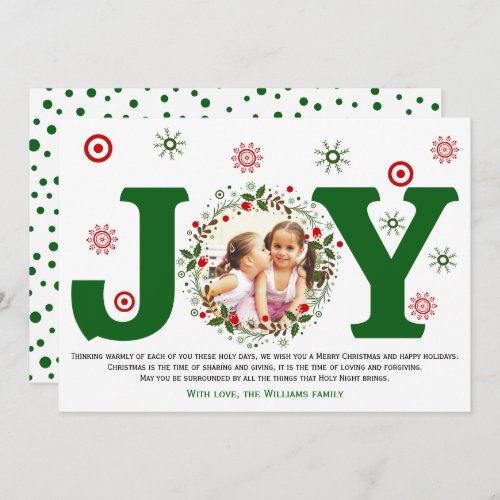 Green Joy and Christmas floral wreath photo Holiday Card
