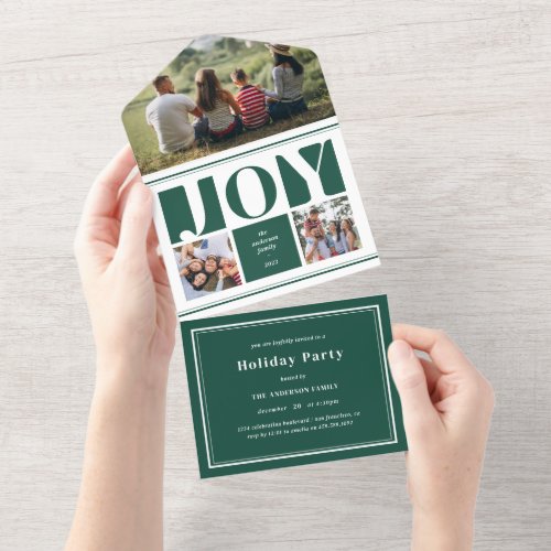 Green Joy Photo Collage Modern Christmas Holiday All In One Invitation
