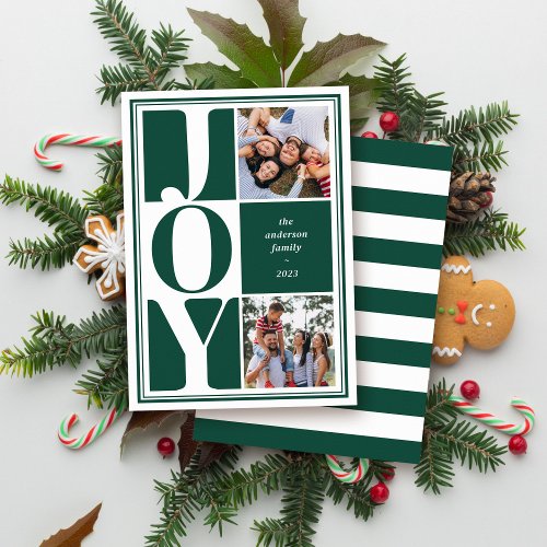 Green Joy Photo Collage Modern Christmas Holiday Card