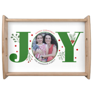 Green Joy with berries Christmas holiday photo Serving Tray