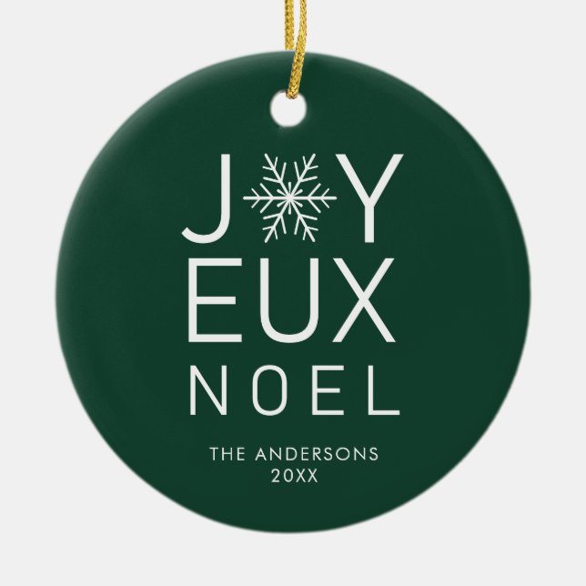 Green Joyeux Noel Modern Typography Holiday  Ceramic Ornament (Front)
