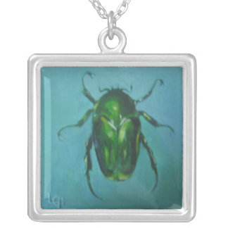 Green June Beetle (Flower Scarab) Silver Plated Necklace