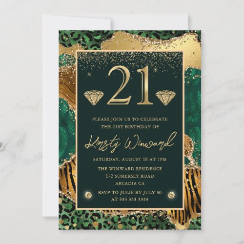 Green Jungle Animal Print Agate 21st Birthday Invitation
