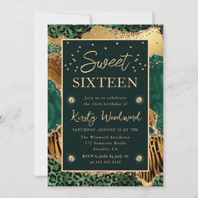 Green Jungle Animal Print Agate Sweet Sixteen Invitation (Front)