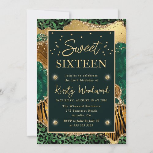Green Jungle Animal Print Agate Sweet Sixteen Invitation
