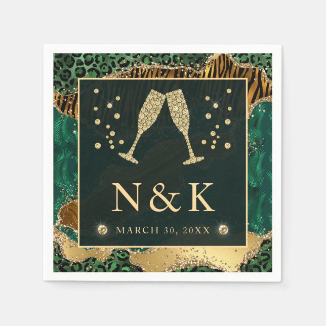 Green Jungle Animal Print Glitter Agate Wedding Napkins (Front)