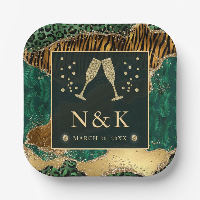 Green Jungle Animal Print Glitter Agate Wedding Paper Plates (Front)