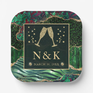 Green Jungle Animal Print Glitter Agate Wedding Paper Plates