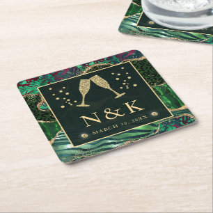 Green Jungle Animal Print Glitter Agate Wedding Square Paper Coaster