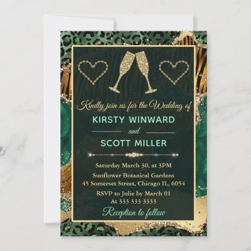 Green Jungle Animal Print Gold Glitter Agate Invitation