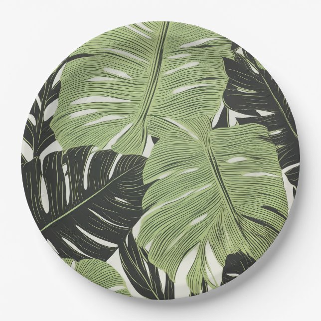 Green jungle leaves, bold and modern paper plates (Front)