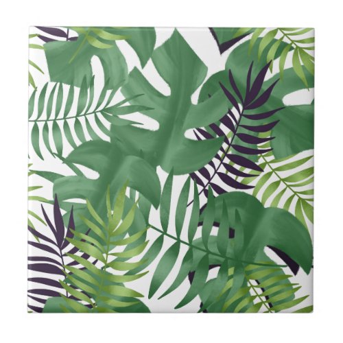 Green Jungle Leaves Nature Seamless Pattern White Ceramic Tile