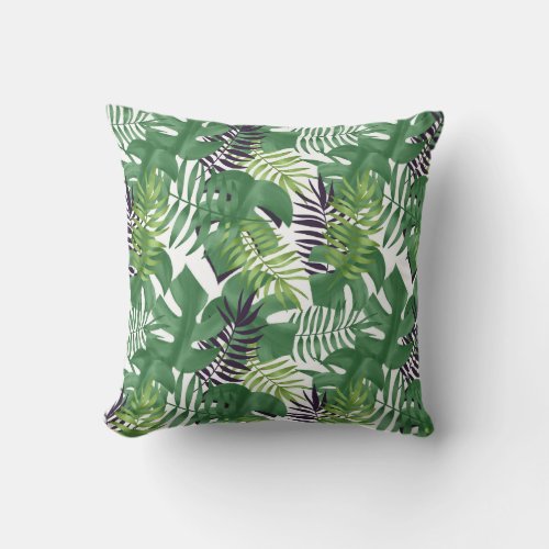 Green Jungle Leaves Nature Seamless Pattern White Throw Pillow