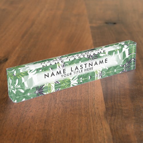 Green Jungle Leaves Tropical Nature Pattern Chic Desk Name Plate