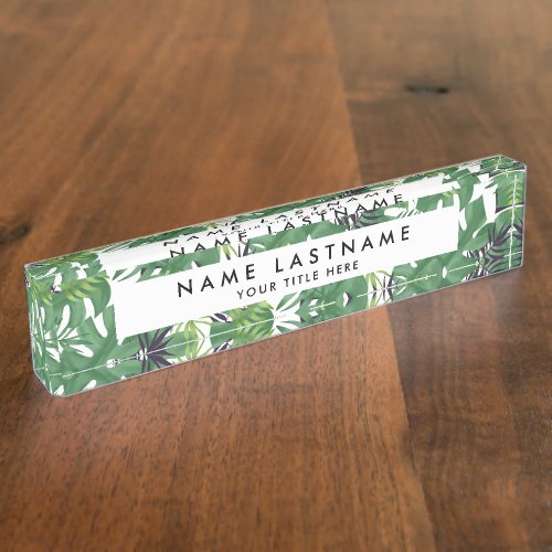 Green Jungle Leaves Tropical Nature Pattern White Desk Name Plate