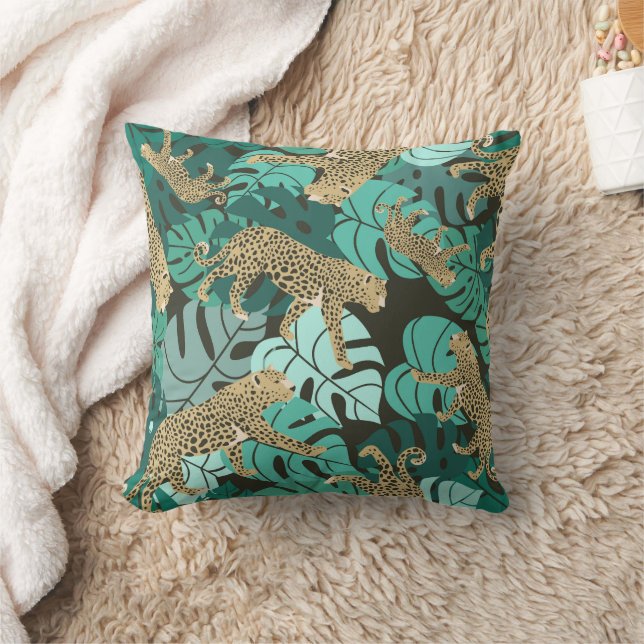 Green Jungle Leopard and Tropical Monstera Leaves Throw Pillow (Blanket)