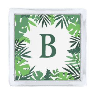 Green jungle palm leaves wild floral monogram silver finish lapel pin
