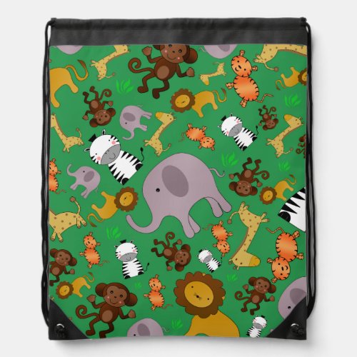 Green jungle safari animals drawstring bag