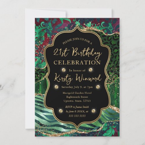 Green Jungle Safari Glitter Agate 21st Birthday Invitation