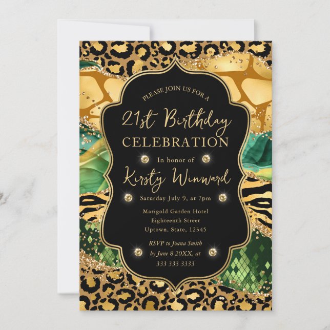 Green Jungle Safari Glitter Agate 21st Birthday Invitation (Front)
