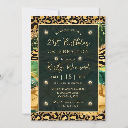 Green Jungle Safari Glitter Agate 21st Birthday Invitation