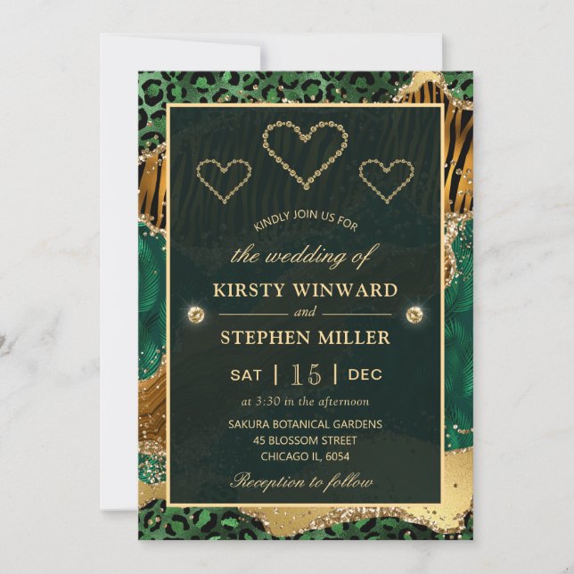 Green Jungle Safari Glitter Agate Wedding Invitation (Front)
