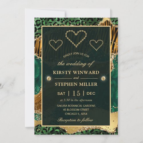Green Jungle Safari Glitter Agate Wedding Invitation