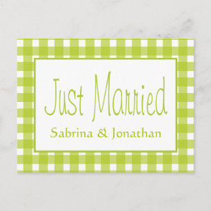 Green Just Married Gingham Plaid Wedding Checks Announcement Postcard