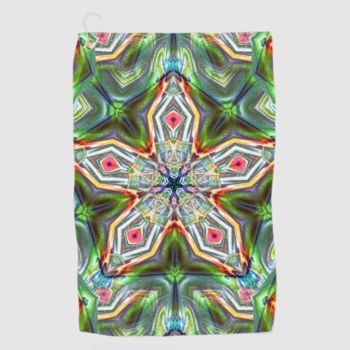 Green kaleidoscope pentagon with soft woody tone t golf towel