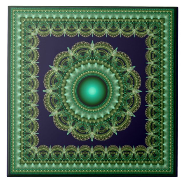 Green kaleidoscopic fractal framed ornament ceramic tile (Front)
