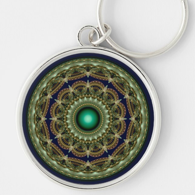 Green kaleidoscopic fractal round pattern keychain (Front)