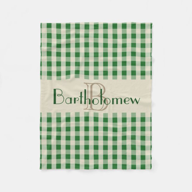 Green Khaki Check Pattern Monogram Name Boys Fleece Blanket (Front)