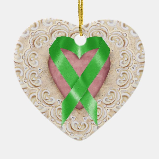 Green Kidney Cancer Ribbon From the Heart - SR Ceramic Ornament (Front)