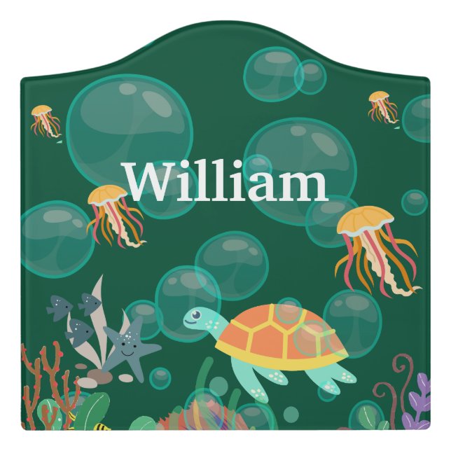 Green Kids Nautical Pattern Ocean Creature Room Door Sign (Large Crest Front)