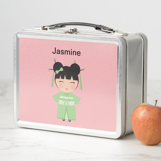 Green Kimono Japanese Doll Personalized Metal Lunch Box (In Situ)