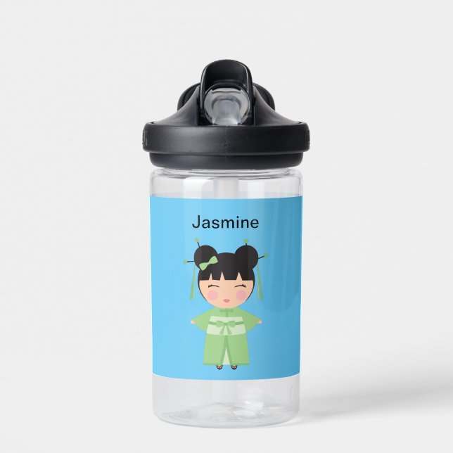 Green Kimono Japanese Doll Personalized Water Bottle (Front)