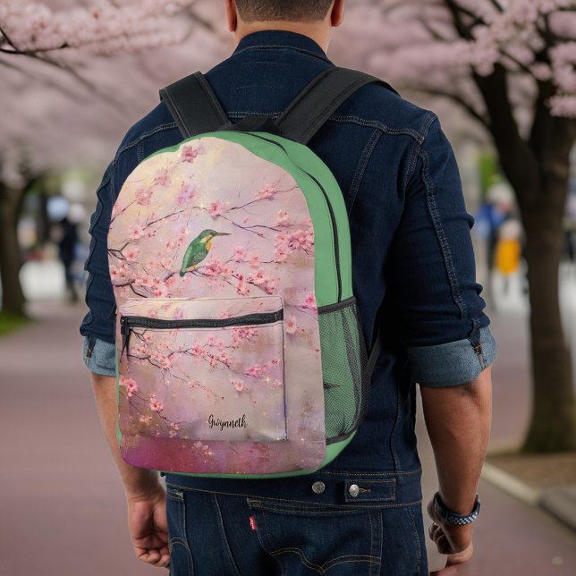 Green Kingfisher on Pink Cherry Blossoms Monogram Printed Backpack (Creator Uploaded)