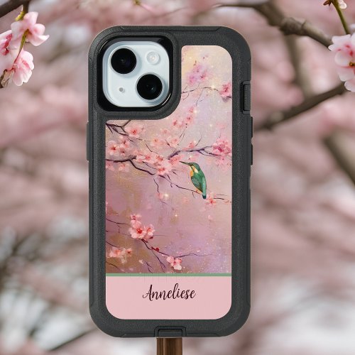 Green Kingfisher Pink Cherry Blossoms Monogram iPhone 15 Case