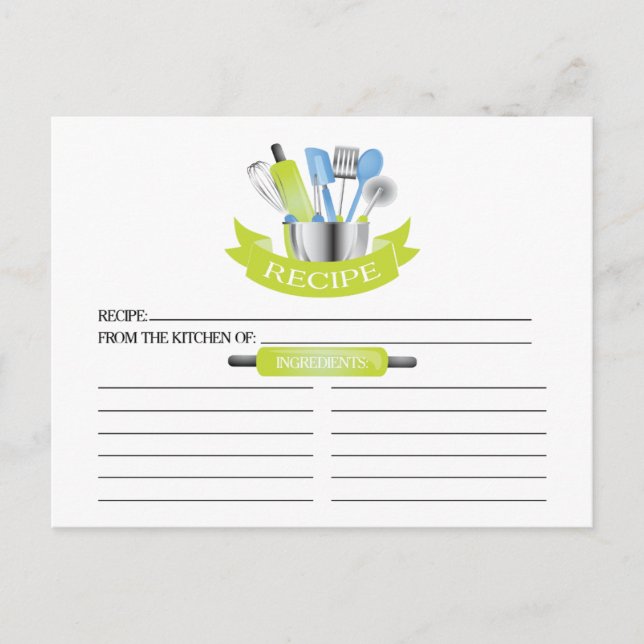 Green Kitchen Tools Bridal Shower Recipe Cards (Front)