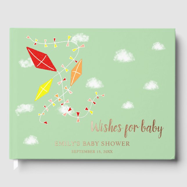 Green Kites Baby Shower Gold Foil Wishes for Baby  Foil Guest Book (Front)