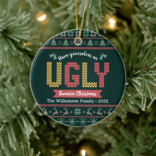 Green Knit Ugly Sweater Christmas Nordic Your Name Ceramic Ornament
