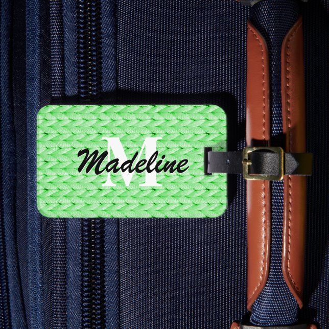 Green Knitted Luggage Tag + Name, Monogram (Front Insitu 4)