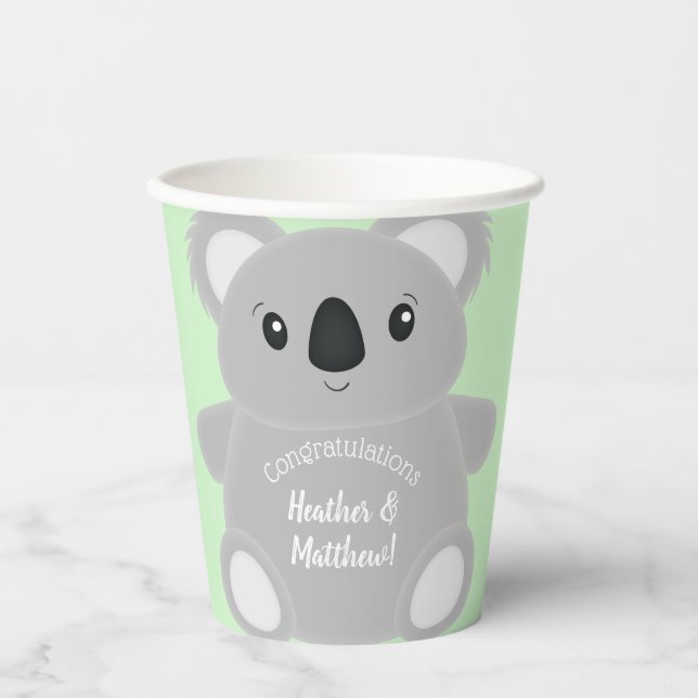 Green Koala Bear Baby Shower Paper Cups (Front)