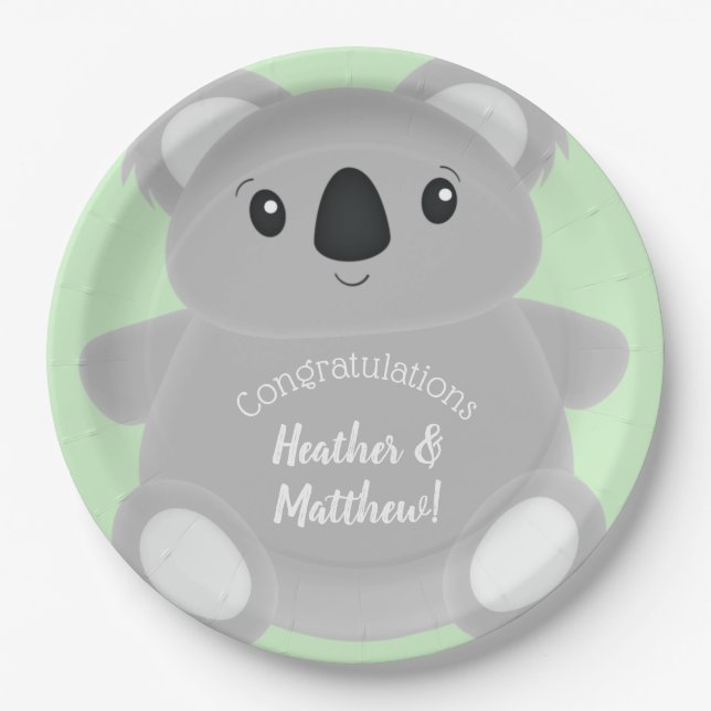 Green Koala Bear Baby Shower Paper Plates (Front)