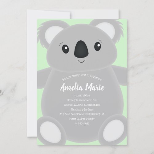 Green Koala Bear Birthday Party Invitation