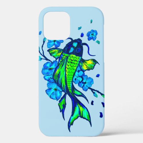 Green Koi Carp and Blue Flowers iPhone 12 Case